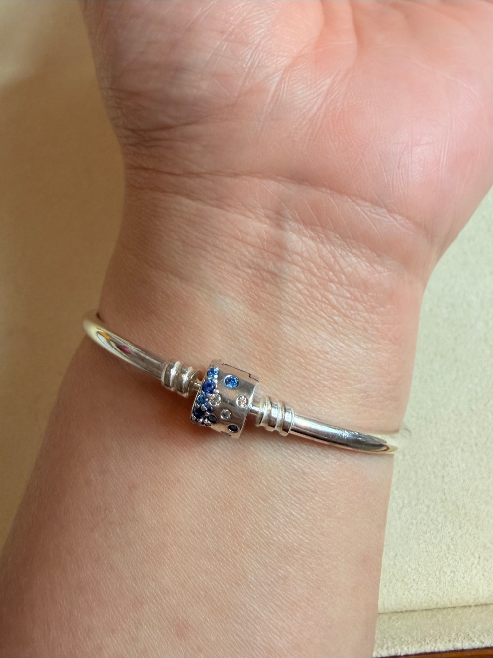 PANDORA 925 Blue Sparkle Barrel Clasp Charm Bangle - Picture 7 of 12